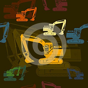 Flat Style Excavator Vector Illustration With Dark Background Seamless Pattern