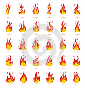 Flat style fire flame logo, black color icons vector illustration isolated on white background.