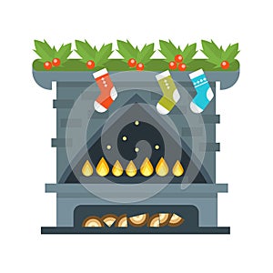 Flat style fireplace icon design house room warm christmas flame bright decoration coal furnace and comfortable warmth