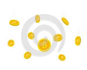 Flat style flying gold Bitcoins isolated on white background. Coins money falling vector illustration.