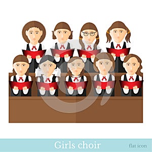 Flat style girls choir in two raws with black suits and red cover notes isolated