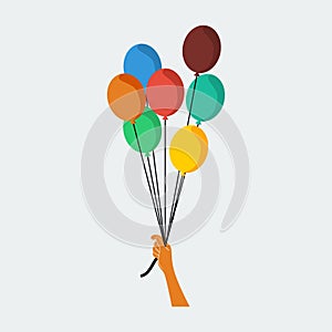 Flat Style Hand Holding Colorful Balloons Vector Illustration