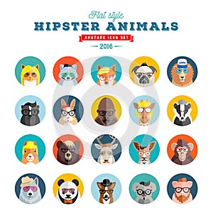 Flat Style Hipster Animals Avatar Vector Icon Set for Social Media or Web Site. Fauna Portraits. Mammals Faces.