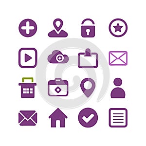 Purple assorted icon set on white background in grid