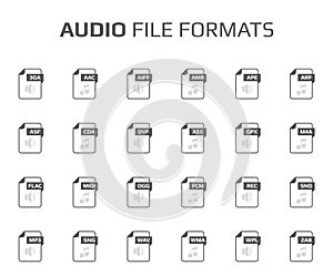 Flat style icon set. Audio, song, voice recording file type, extencion. Document format. Pictogram. Web and multimedia. Computer