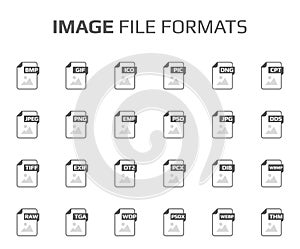 Flat style icon set. Bitmap image file type, extencion. Document format. Pictogram. Web and multimedia. Computer technology