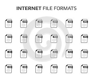 Flat style icon set. Internet, web file type, extencion. Document format. Pictogram. Web and multimedia. Computer technology