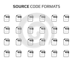 Flat style icon set. Source code, programming file type, extencion. Document format. Pictogram. Web and multimedia. Computer