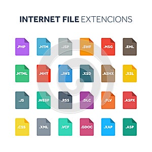Flat style icon set. System file type extencion. Document format. Pictogram, web and multimedia. Computer technology