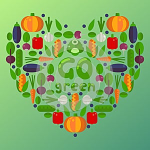 Flat style icons of farm vegetables in heart shape composition, vector illustration. Pumpkin, corn, eggplant, carrot and