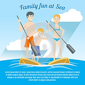 Flat style illustration, family portrait at sea of 3 people