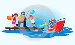 Flat style illustration of a father with children is driving a red radio-controlled model of a modern powerboat from the