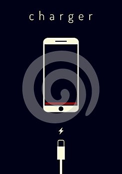 Flat style illustration. Mobile smartphones charging on dark blue background. Phone with a low battery charge and with USB