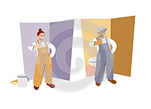 Flat style illustration of a plumber man and repair worker woman happy smiling on a background of their works