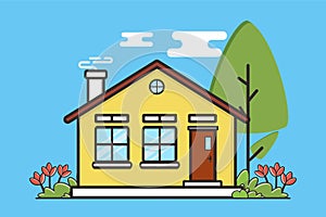 Flat style illustration of a privat living house with tree and flower