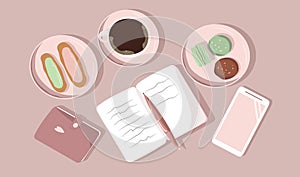 Flat style illustration - scribbled notebook, coffee, smartphone and cakes.