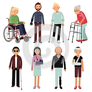 Flat style illustration set of disabled people in different poses. Vector pictures of hospital patients isolated