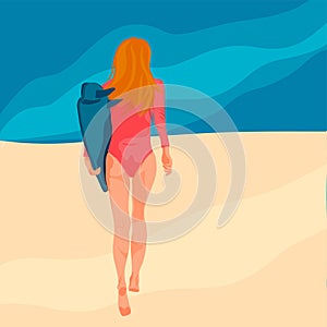 Flat style illustration. Summer beach surfing illustration. Longboard women surfing