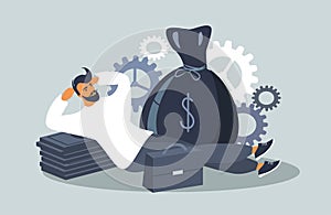 Flat style illustration on the theme of investment, passive income. a man lies on a stack of banknotes