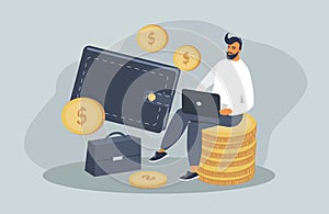 Flat style illustration on the theme of investment, passive income. a man sits with a laptop on a stack of coins