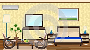 Flat style interior of a hotel room with rest zone