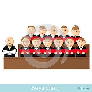 Flat style leader and boys choir in two raws with black suits, red cover notes isolated