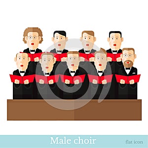 Flat style male choir in two raws with black suits and red cover note