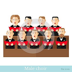 Flat style male choir in two raws with black suits and red cover notes isolated