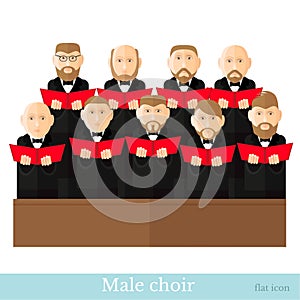 Flat style male choir in two raws with black suits and red cover notes isolated on white