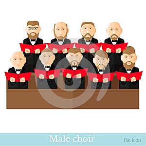 Flat style male choir in two raws with black suits and red cover notes on white