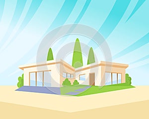 Flat Style Modern Architecture House with Green Lawn and Trees. Beautiful Landscape Vector Drawing Illustration