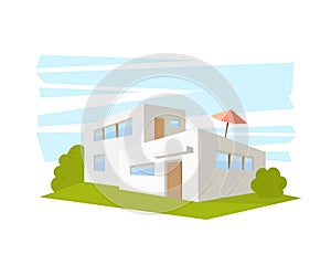 Flat Style Modern Architecture House with Green Lawn. Vector Drawing in The Perspective View.