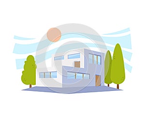 Flat Style Modern Architecture House with Green Trees. Vector Illustration in The Perspective View.