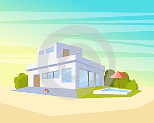 Flat Style Modern Architecture House with Pool and Green Lawn. Beautiful Landscape Vector Drawing in The Perspective