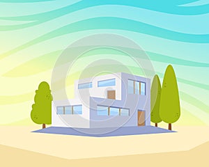 Flat Style Modern Architecture House with Trees in the Yard. Beautiful City Landscape Vector Drawing Illustration