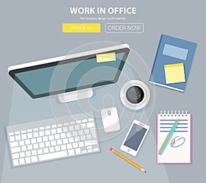 Flat Style Modern Design Concept of Creative Office Workspace. Icons Collection of Business Work Flow Items and Elements