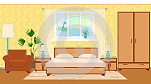 Flat style otel room interior with furniture, houseplant, ocean