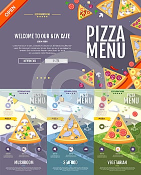 Flat style pizza menu concept Web site design.