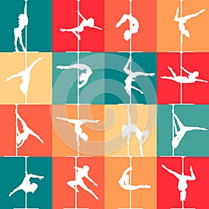Flat style pole dance and pole fitness icons. Vector silhouettes of female pole dancers.