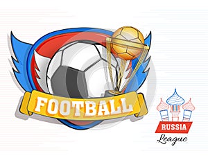 Flat style Poster or banner design with flying football and Champion trophy for Russia football league.