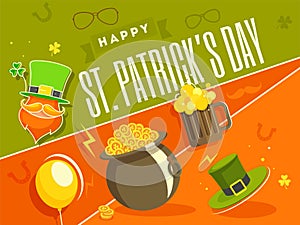 Flat style poster or banner design with illustration of festival elements for St Patrick`s Day.