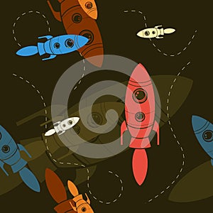 Flat Style Rocket on Space Vector Illustration With Dark Background Seamless Pattern