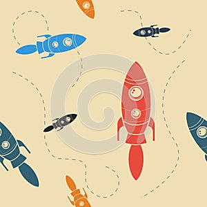 Flat Style Rocket on Space Vector Illustration Seamless Pattern