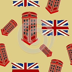 Flat Style Seamless Pattern of Traditional English Telephone Booth with Union Jack