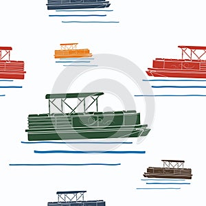 Flat Style Semi-Oblique Pontoon Boat Vector Illustration Seamless Pattern