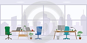 Flat style table, desk, chair, computer, desktop, window isolated on skyscraper background