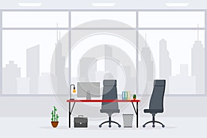 Flat style table, desk, gray chair, computer, desktop, plant, trash bin isolated on cityscape background