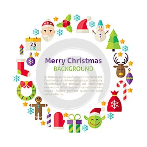 Flat Style Vector Circle Template Collection of Winter Merry Christmas Objects over White