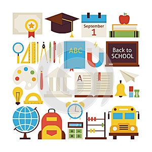 Flat Style Vector Collection of Back to School and Education Obj