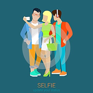 Flat style vector friends making selfie: blond girl and hipster